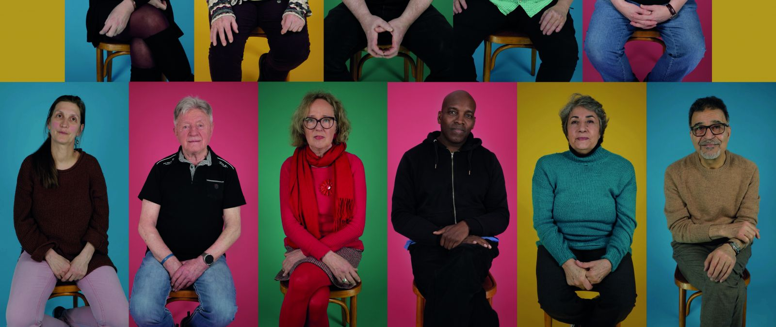 Collage der Videoinstallation mit Zeitzeugen und Zeitzeuginnen-Interviews